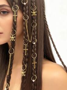 13Pcs Cross Skull Decor Hair Clips, Dreamy Braid Decor Beads Hair Clips Hair Accessories, For Braids, Halloween Party - Gold - View 1