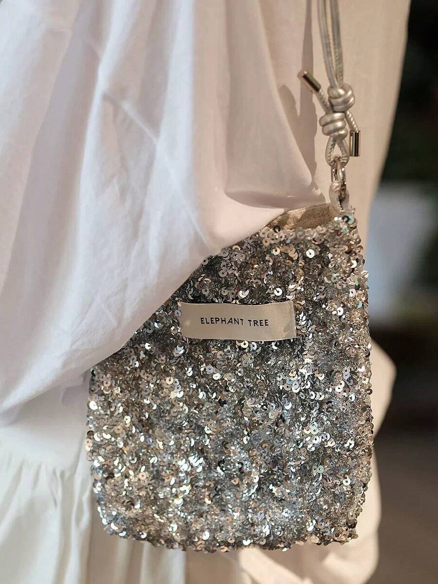 Premium Luxury Heavy Embellished Silver Sequin Shoulder Adjustable Strap Phone Bag Niche Design Mini Crossbody Small Bag For Women - Silver - View 1