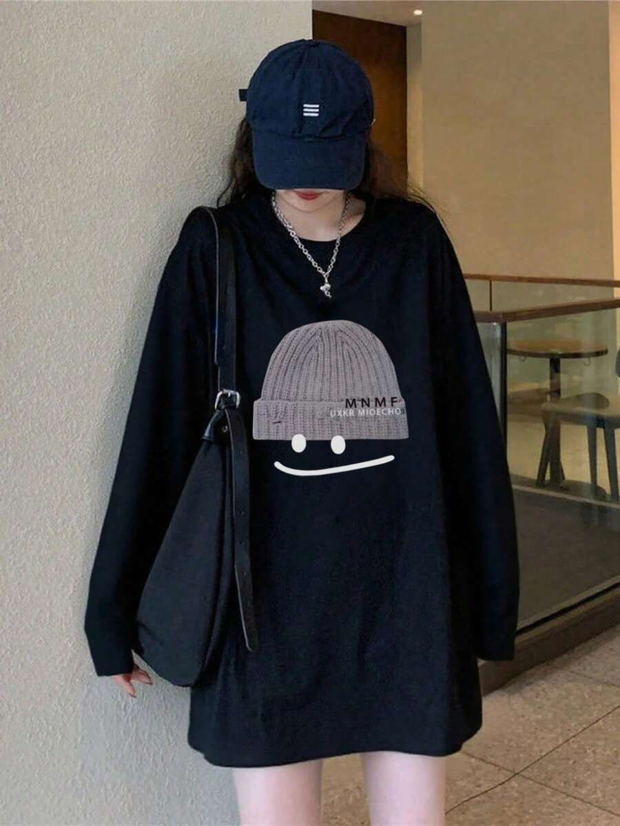 女款秋冬休閒街頭百搭卡通印花圓領寬鬆長袖T恤 - 黑色 - 查看 1