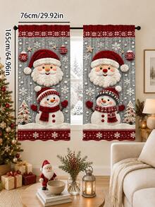 2Pcs Santa Claus & Snowman Christmas Snowflake Pattern Printed Semi-Sheer Rod Pocket Holiday Window Curtains, Cute Cartoon Design, Suitable For Living Room And Bedroom, Rod Not Included, Machine Washable - C - View 14