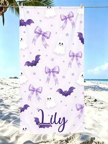 Custom Name Purple Ghost Bow Bat Beach Towel, Cute Halloween Ghost Bat Ribbon Design, Soft Quick-Dry Single-Sided Towel, Kids Halloween Birthday Gift - Multicolor - View 4