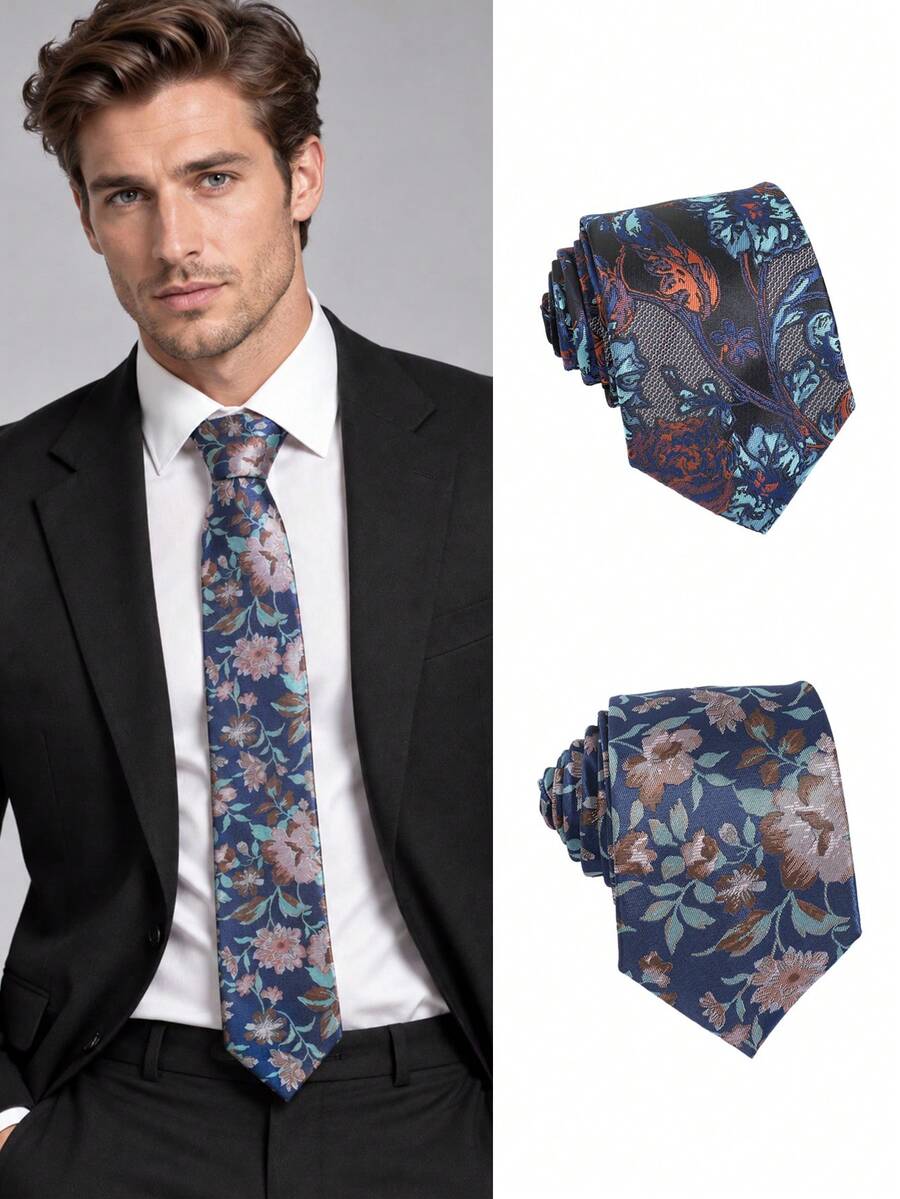 1pc Men's Large Floral Contrast Color Jacquard Casual Business Shirt With Decorative Tie - Multicolor - View 1
