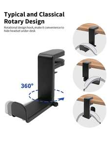 360° Rotating Clamp-On Under Desk Headphone Hanger, No Drill Adjustable Gaming Headset Holder, Space Saving Desk Accessory, Gamer Room Decor Gift For Home Office - View 5