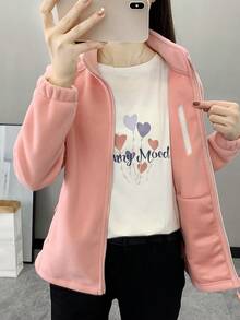 女款春秋加厚保暖透氣立領修身抓絨開襟外套，適合戶外徒步運動 - 粉色 - 查看 7
