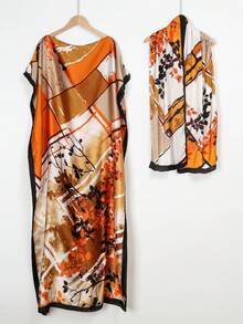 1pc Women's Simulated Silk Floral Print Robe Shawl With Small Scarf Set, Outerwear Decor For Beach, Sun Protection, Windproof, Daily Wear - Multicolor - View 3
