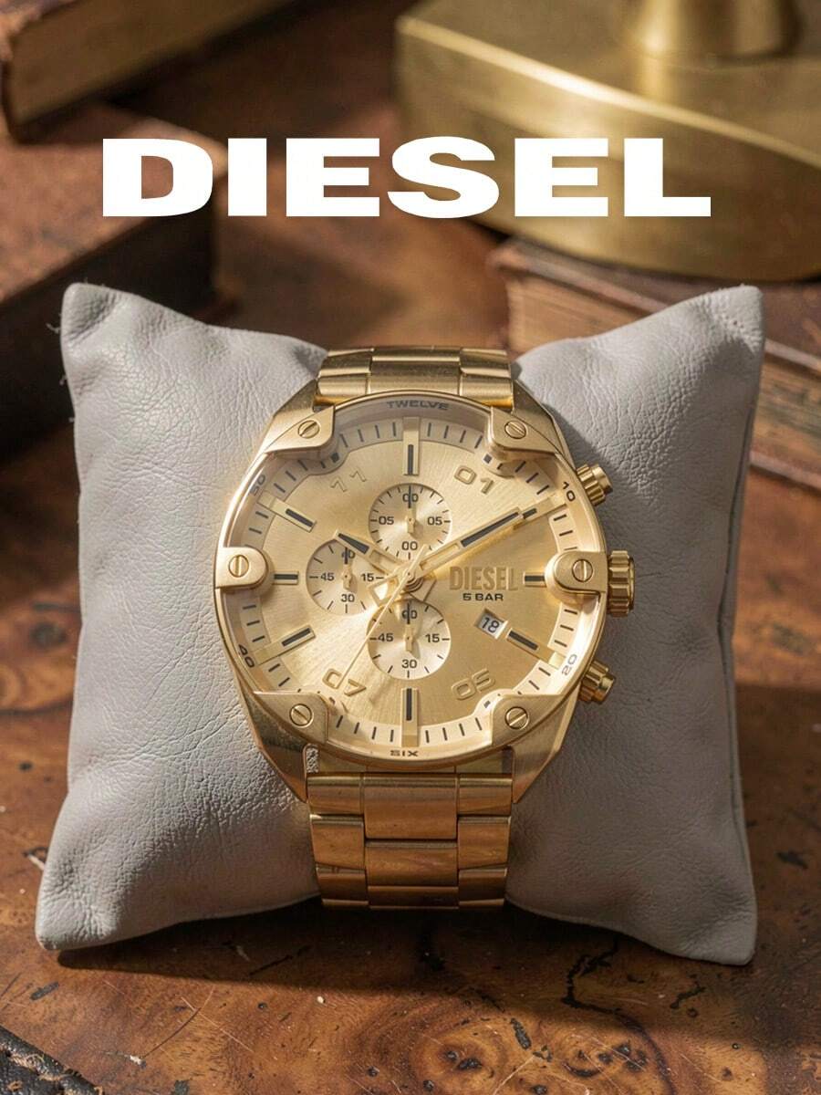 Diesel DZ4608 Men's Chronograph Watch|48MM Gold‑Tone Case,Gold Dial,Metal Bracelet,Date Window,5BAR Water‑Resistant Fashion Wristwatch - Gold - View 1