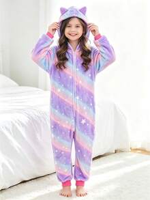 Baju Terusan Anak Perempuan Motif Langit Berbintang Ungu dengan Telinga Kucing - MultiWarna - View 1