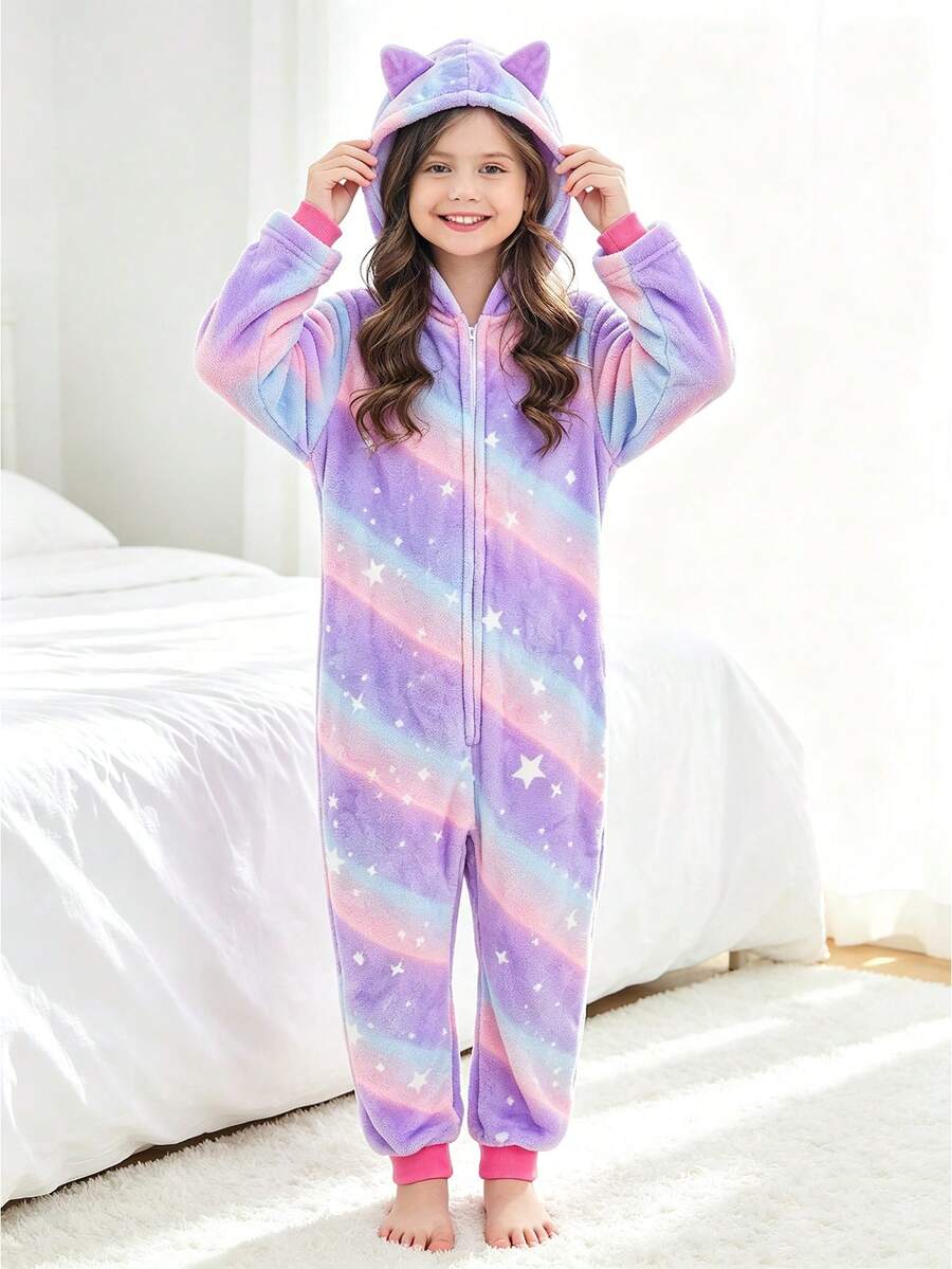 Baju Terusan Anak Perempuan Motif Langit Berbintang Ungu dengan Telinga Kucing - MultiWarna - View 1