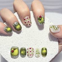 10pcs Vintage Green Cat Eye Christmas Atmosphere Hand-Painted Christmas Tree Plaid Heart Short Round Reusable Fake Nails Nail Art Supplies (1pc Jelly Sticker + 1pc Nail File) - Green - View 5