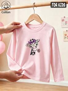 Girls' Long Sleeve T-Shirt, Loose Round Neck With Cartoon Giraffe Print & Flower Decor, Pink Base For Spring Daily Wear - Baby Pink - View 3