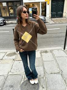 Women's Fashion Autumn/Winter Contrast Color Round Neck Drop Shoulder Fitted Ribbed Regular Casual Versatile Daily Wear Sweater Top - Brown - View 4