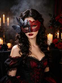 Gothic Black & Red Butterfly Venetian Masquerade Mask, Glitter Trim Half Face Mask For Women, Halloween Cosplay Carnival Party Costume Accessory - Multicolor - View 5