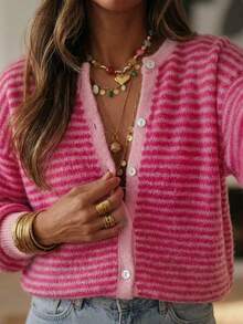OxyCloset Women's Pink Striped Front Button Knit Cardigan, Long Sleeve Ribbed Design, Elegant And Versatile, Suitable For Home Or Outdoor Wear In Autumn/Winter - Multicolor - View 5