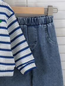 2pcs Baby Girl Casual Mori Style Striped Knit 3D Cherry Top & Denim Jeans Set, Thin Spring/Autumn - Blue - View 9