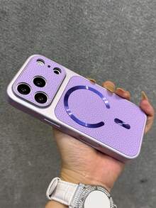 頂級荔枝皮紋 CD 圖案磁吸無線充電手機殼，相容 iPhone 18 Pro Max 18 Pro 17 Pro Max 17 Pro 16 Pro Max 15 Pro Max 14 Pro 13 12，奢華磨砂鏡頭保護防震緩衝背蓋 - 紫色 - 查看 3