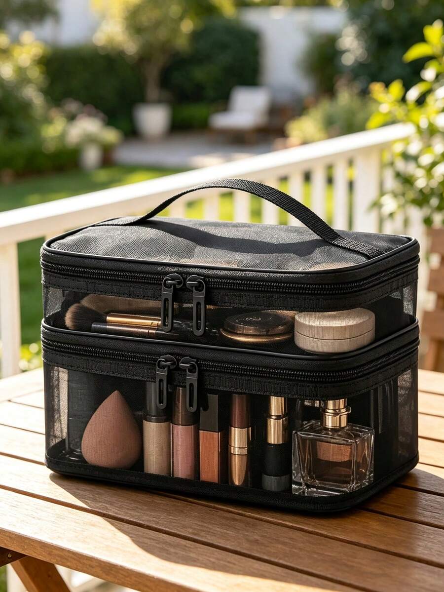 Mesh Makeup And Grooming Storage Bag, Paired With The Same Mesh Portable Storage Bag, Double-Layer Large-Capacity Transparent Toiletry Storage Bag, Portable Cosmetic Organizer With Compartments, Travel And Business Trip Toiletry Storage Pouch - Multicolor - View 1