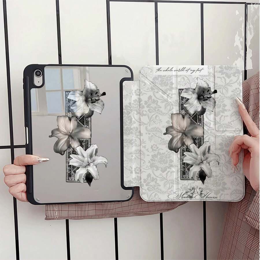復古灰色百合花平板保護殼，附筆槽，相容 iPad Pro/Air/9.7/Air 2/(7th Gen)/(8th Gen)/Air 4/5/Pro 11/10th Generation/Air 13/Air 11/11(A16 2025)，相容 Galaxy S9/S7/S10+，相容 Galaxy Tab S6 Lite 10.4 吋，相容 MatePad