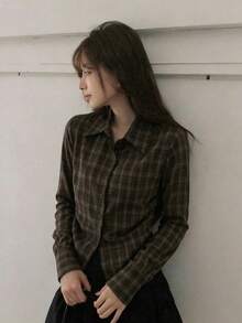 Kemeja Kasual Kotak-kotak Musim Gugur Wanita YCYC dengan Tali Serut Samping - Rust Brown - View 7
