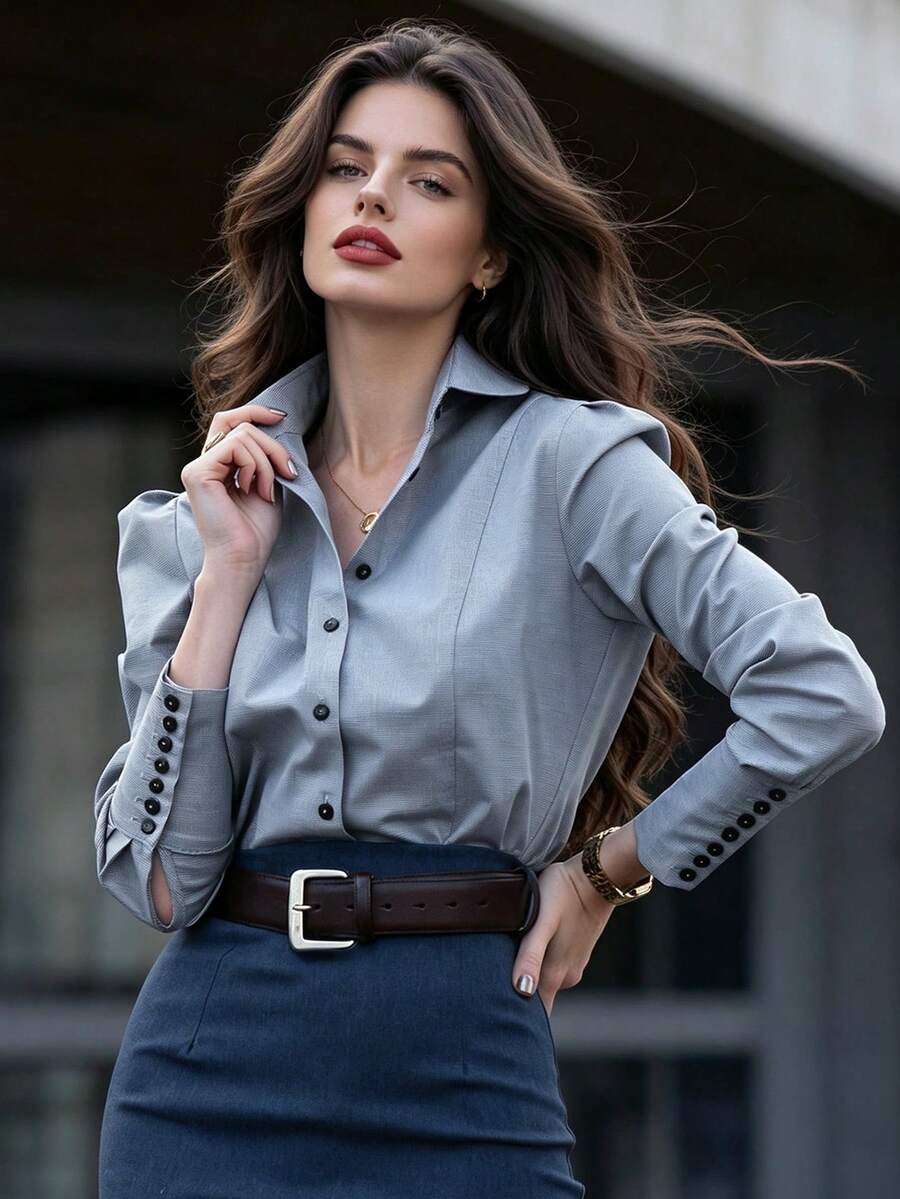 DONICY Women's Elegant Long Sleeve Shirt, Textured Fabric, Collared With Black Buttons And Slit Cuffs, Suitable For Office And Formal Occasions - Blue - View 1