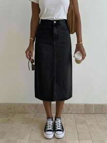TALL Woman High Waist Solid Color Casual Straight Denim Midi Skirt - Black - View 4