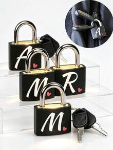 Pink Heart & White Letter Pattern Portable Small Luggage Padlock, Padlock With 2 Keys, Black Shell Luggage Lock, Compact & Sturdy, Luggage Lock, Mini Luggage Padlock, Travel Bag Metal Key Lock, Durable, Small Brass Lock With Shell, Backpack, Suitcase, Laptop Bag, Back To School, Graduation Gift - Multicolor - View 2