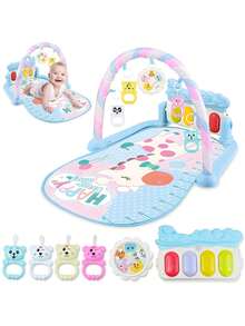Gimnasio de juegos para bebés con piano desmontable, alfombra musical suave, incluye 5 juguetes colgantes, tapete interactivo para bebés 0-36 meses, ideal para practicar posición boca abajo - Azul - Ver 3