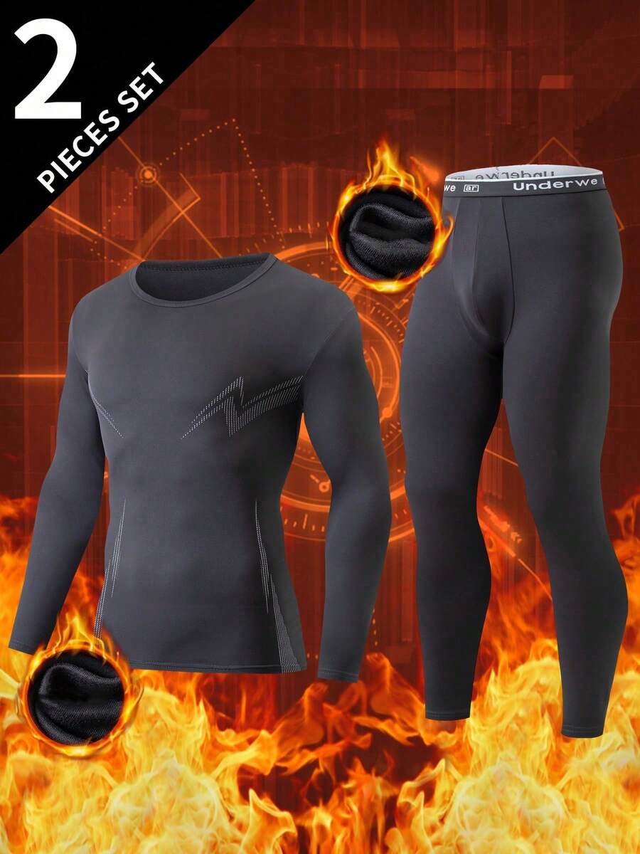 2pcs Men's Thermal Underwear Set, Crew Neck Top + Pants, Winter Base Layer Innerwear - Grey - View 1