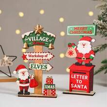 2D Flat Printed 2pcs Wooden Desktop Decor, Christmas Village Road Sign & Santa Mailbox Ornament With Gift, Bell And Star Elements, Suitable For Home, Bar, Pub Christmas Tabletop Decoration - A - View 6