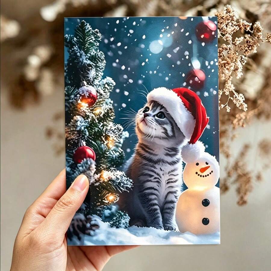 OBOVAY 1 Cute Christmas Card With Envelope, Featuring Adorable Cat Design, Ideal Holiday Greeting Card For Friends, Classmates, Family And Neighbors - View 1