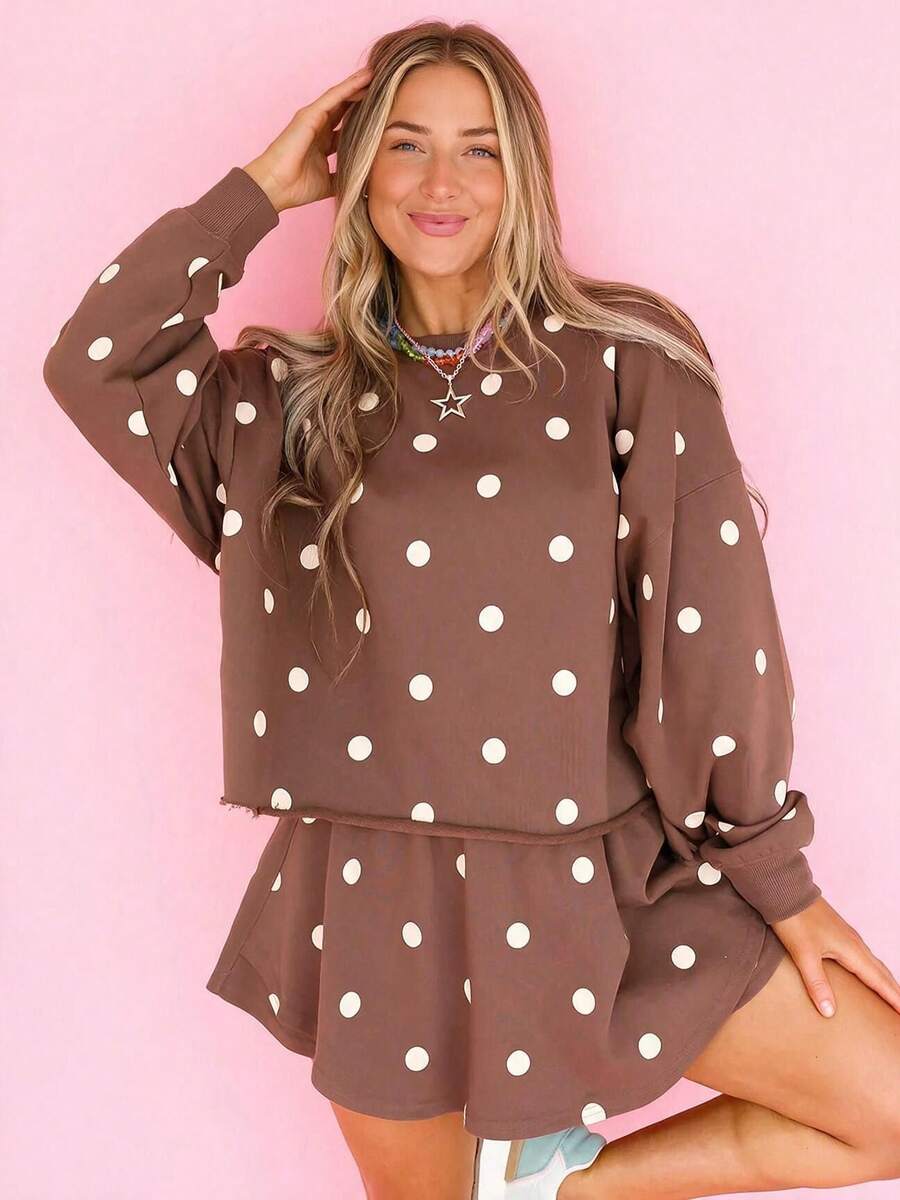 Acelitt Spring/Autumn Casual Polka Dot Print Crew Neck Loose Oversized Sweatshirt & Pants Set, Suitable For Daily Shopping, Outings And Vacations - Brown - View 1