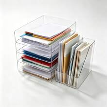 1 Set Clear PET Desktop File Organizer Set, Stackable Paper Document Tray & Upright Book File Sorter Combo, Transparent Desk Storage Holder For Papers, Books, Office Desk Supplies - Sets - View 3