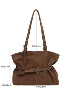 Women's Soft Tote Shoulder Bag, Metal Buckle Belt Decor Adjustable Strap Casual Large Capacity Handbag - Brown - View 2