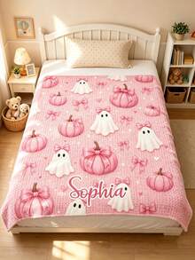 Custom Name Pink Ghost Pumpkin Bow Blanket, Cute Halloween Ghost Pumpkin Ribbon Design, Lightweight Cozy For Bedroom, Halloween Birthday Gift - Multicolor - View 6
