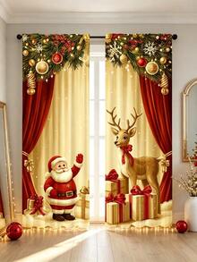 2pcs Santa Claus Holiday Scene Curtains: Adopting A Modern Pole Bag Design, Easy To Install, And Machine Washable. Very Suitable For Living Room, Bedroom, Kitchen, And Office - Multicolor - View 8