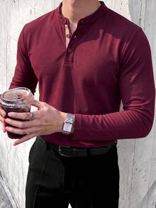 Men's Long Sleeve Fashion Minimalist Solid Color Henley Collar Casual Polo Shirt For Daily Commute - Burgundy - View 1