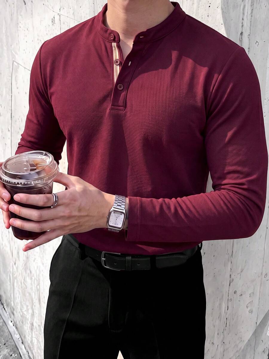 Men's Long Sleeve Fashion Minimalist Solid Color Henley Collar Casual ...