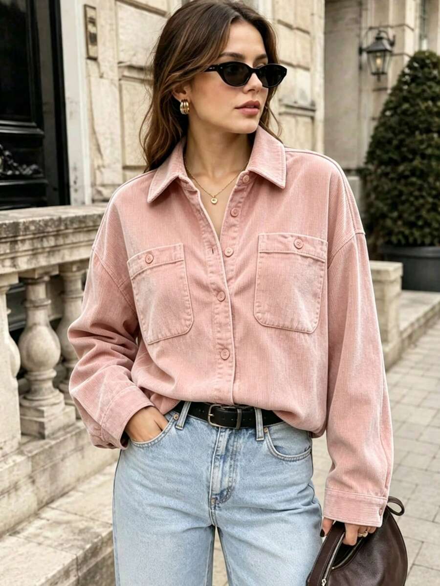Women's Solid Color Single-Breasted Casual Versatile Everyday Outing Shirt - Pink - View 1