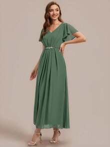 EVERPRETTY Fall Women's Elegant Romantic V-Neck Short Sleeve Ruffle Sleeve Chiffon Mother Of The Bride Dress Green Evening Dress For Wedding - Green - View 5