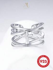 1pc Minimalist S925 Sterling Silver Polished Cross-Wrapped Line Open Adjustable Ring, Atmospheric Accessory For Women - Silver - View 4