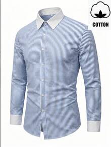 WAIT HIM Men's Business Style Premium Color-Block Striped Dress Shirt Made Of Traceable Cotton - Blue and White - View 1