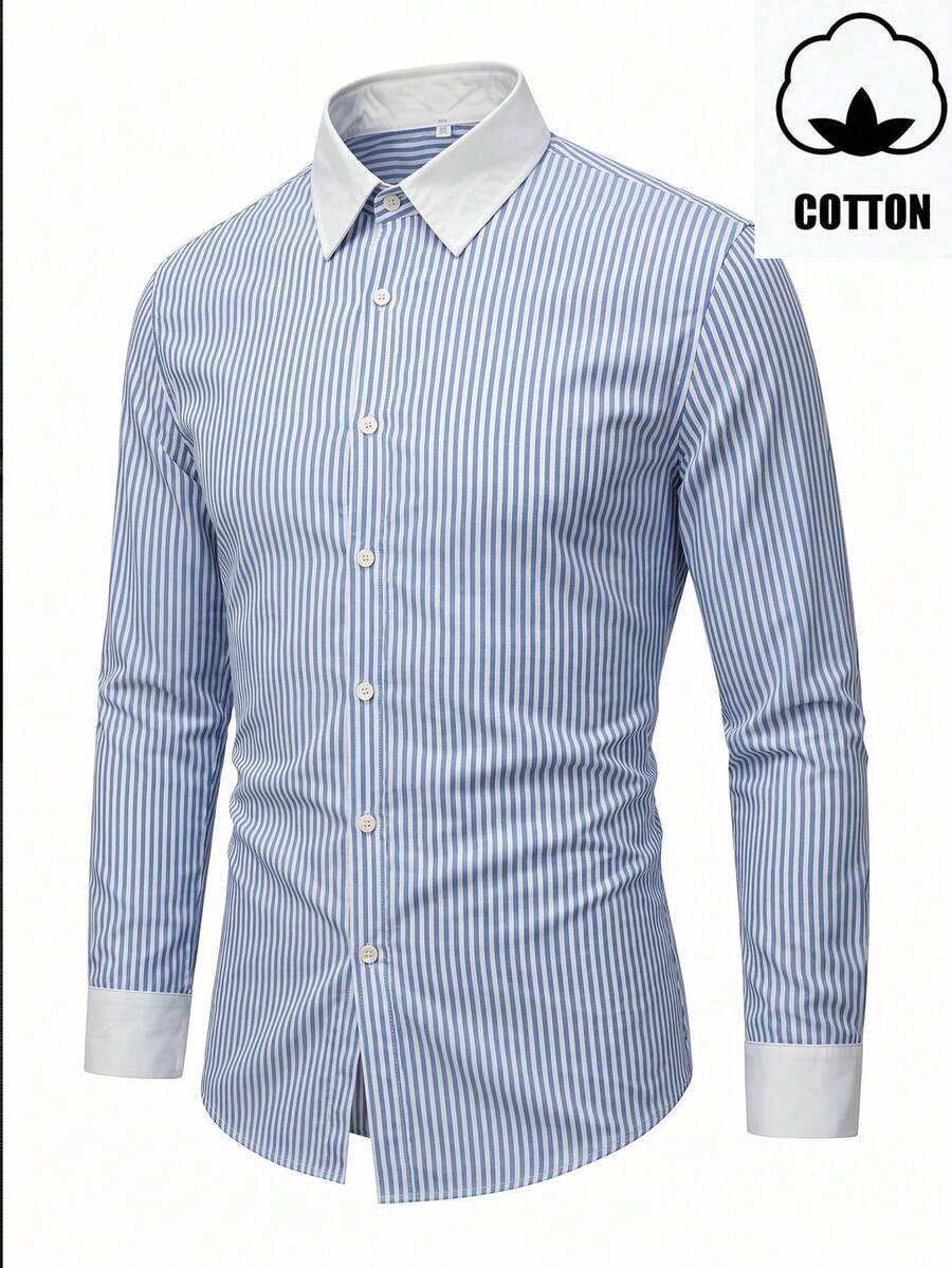 WAIT HIM Men's Business Style Premium Color-Block Striped Dress Shirt Made Of Traceable Cotton - Blue and White - View 1