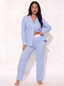 2pcs Set Piyama Wanita Longgar Nyaman Bernapas Atasan Lengan Panjang dan Celana Panjang - Biru - View 2