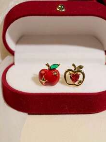 1 Pair Exquisite Elegant Asymmetrical Red Apple Rhinestone Stud Earrings Suitable For Women's Daily And Holiday Wear - Red - View 6