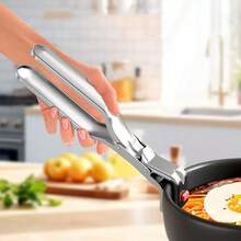1 pieza Pinza para platos calientes de acero inoxidable, sujetador térmico multifuncional anti quemaduras, para tazones, ollas y canastas de freidora de aire, mango ergonómico, apta para lavavajillas. - Plateado - Ver 5