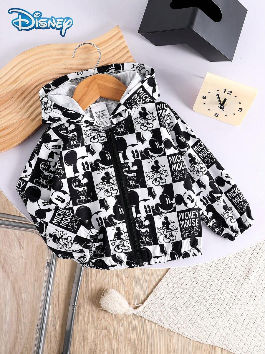 Disney Autumn Baby Boy Newborn Mickey Mouse Cute Zipper Hooded Jacket With Mickey Mouse All-Over Print, Cute Cartoon Pattern, Slightly Elastic, Suitable For Baby Newborn Daily Wear, Great Gift - Black - View 1