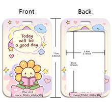 1 Piece Kawaii Positive Quote ID Badge Holder With Lanyard, Cute Sunflower Cloud Heart Print Card Holder For Student Office Work, Lovely Gift - Multicolor - View 11
