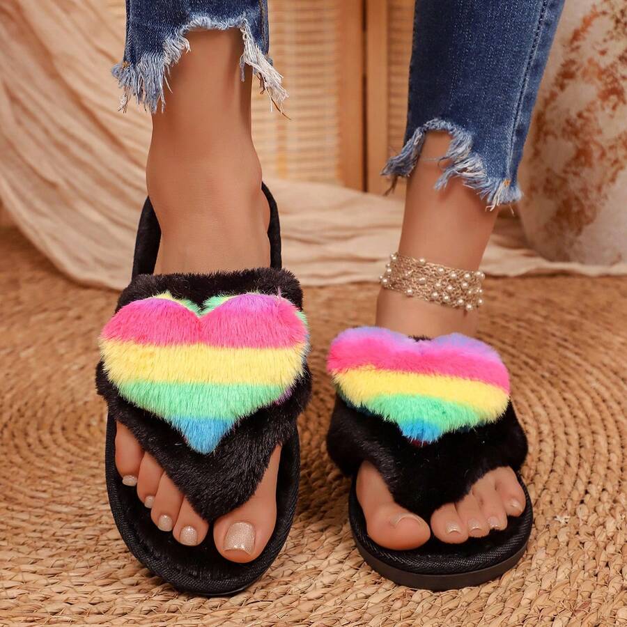 Women's Wide-Fit Fuzzy Flip Flops For Autumn/Winter, Unique T-Strap Design With Rainbow Heart Decor, Comfortable Soft Skin-Friendly Open-Toe Wide-Fit Plush Indoor Slippers, Non-Shedding Machine Washable Warm Home Slippers - Black - View 1