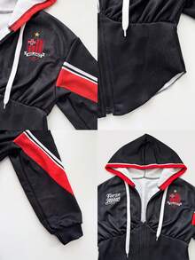Women's Letter Graphic Casual Hooded Drawstring Long Sleeve Zip Up Sweatshirt For Daily Fall&Winter - Black and Red - View 8