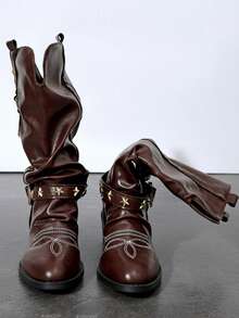 Women's Plus Size Pointed Toe Western Style Knee-High Boots, Star Metal Rivet Buckle Decor Slouchy High Shaft Boots, Chunky Square Low Heel Embroidered Tall Boots, Suitable For Daily Wear, Dating, Party, Autumn/Winter Outfits - Brown - View 2