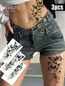 3pcs Waterproof Temporary Tattoo Sticker, Printed Gothic Ink Splatter Butterfly Pattern With Flowing Vine Details, Long Lasting Body Art Sticker For Women, Fit For Party & Daily Wear On Arm, Waist, Leg, Ankle - Black - View 7